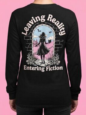 Black Long-Sleeve Tee with 'Leaving Reality Entering Fiction' Graphic